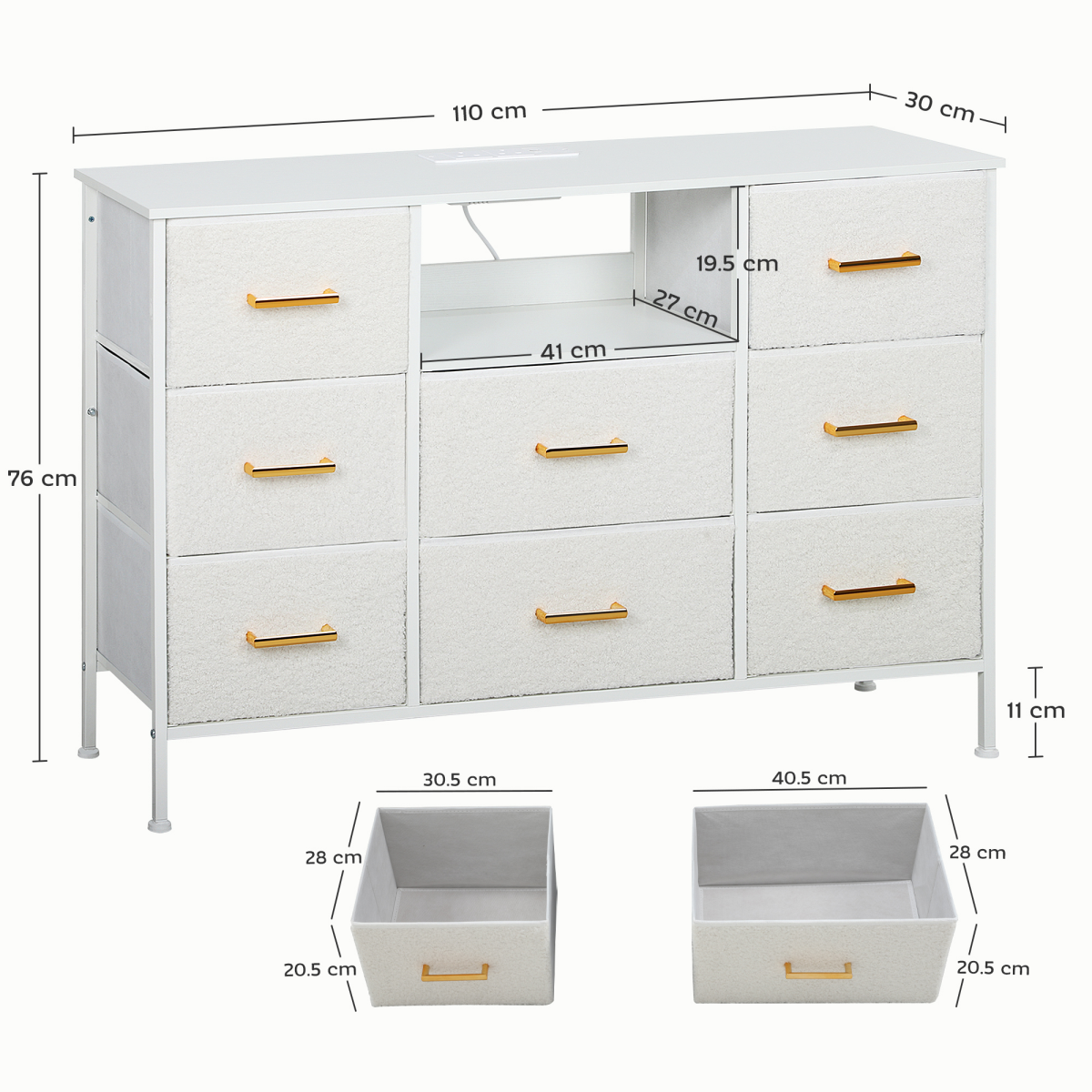 8-Drawer Chest of Drawers with Charging Station, USB & USB-C Ports – Boucle Fabric Storage Unit, Cream White