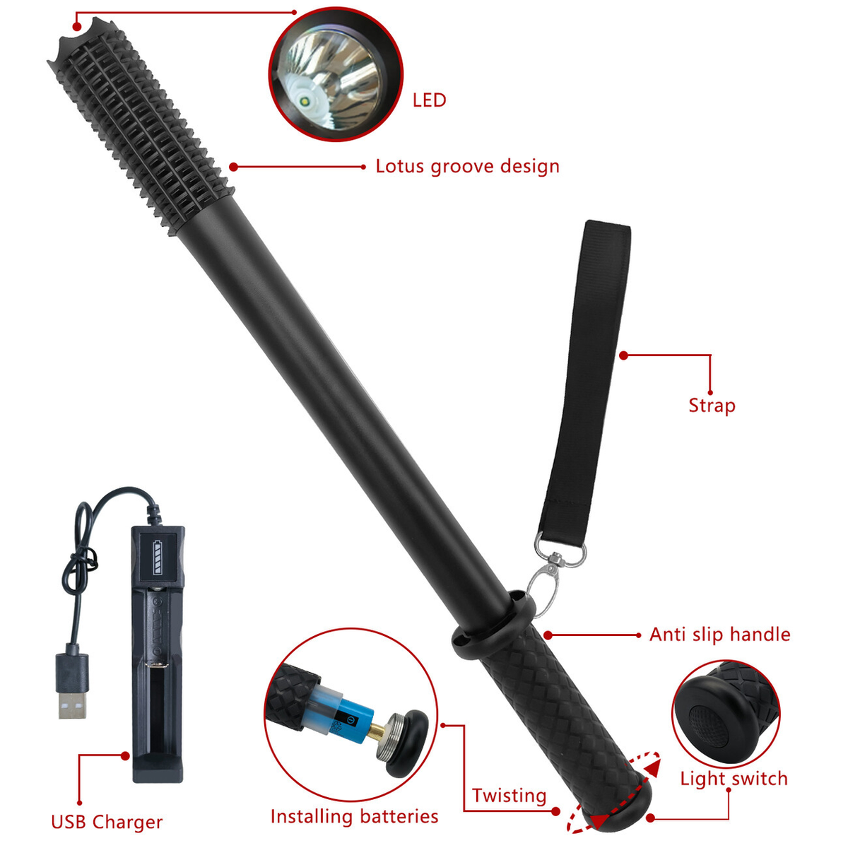 2 Pack 3-Mode USB Rechargeable LED Torch Set with Hammer Head – Water-Resistant, for Hiking and Camping