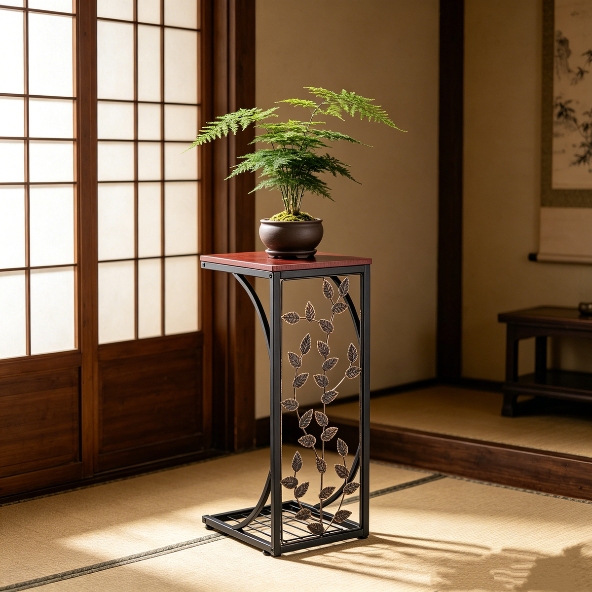 Leaf Pattern Iron Side Table with MDF Top – Compact Coffee & End Table for Small Spaces, Brown & Gold