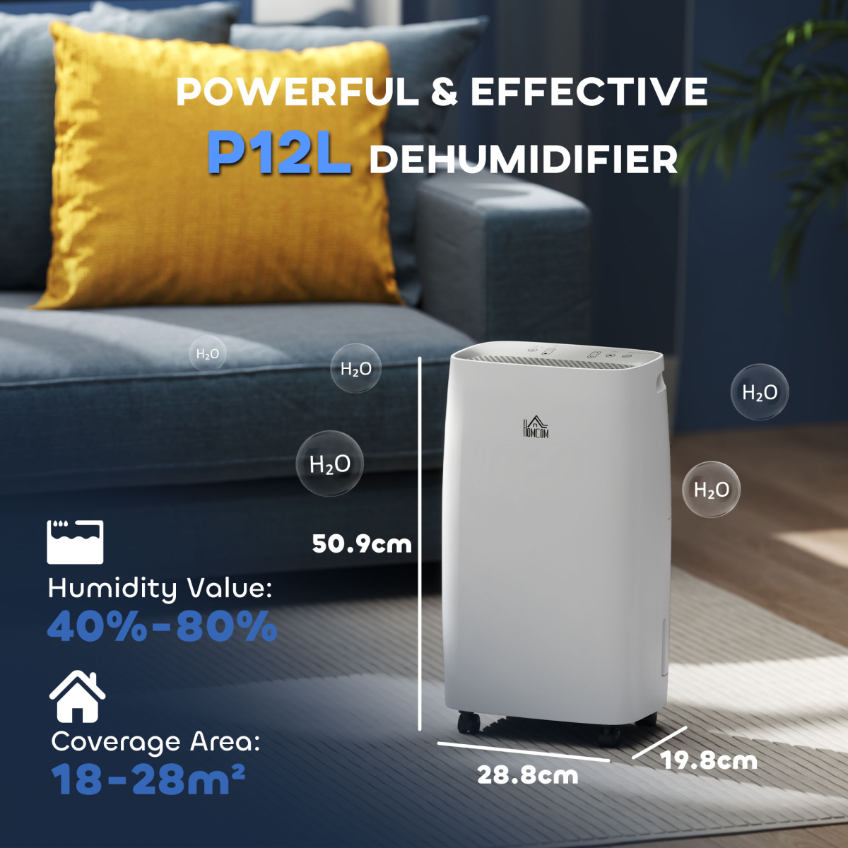 HOMCOM 12L/Day Dehumidifier with 24H Timer & 2 Fan Speeds – Damp and Condensation Control