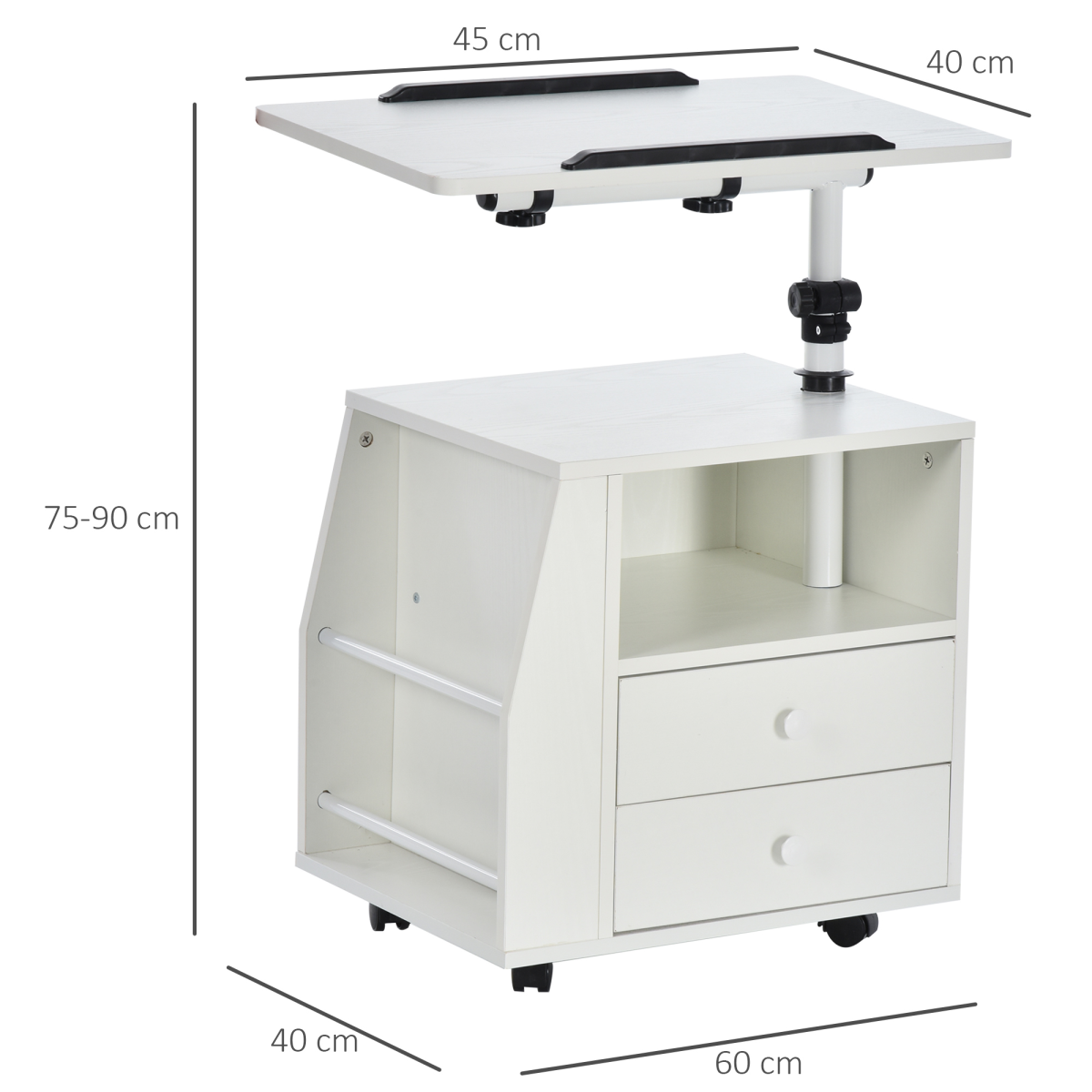 HOMCOM 360° Rotating Tilting End Table with Storage Cabinet and Edge Stopper – White