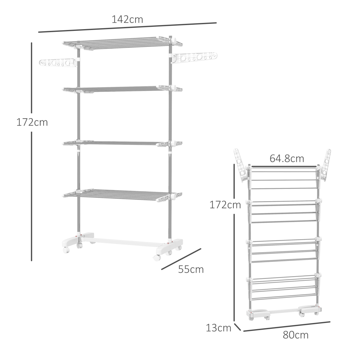 HOMCOM 4-Tier Folding Clothes Airer Rail with Wheels – Indoor Garment Drying Stand, White and Silver