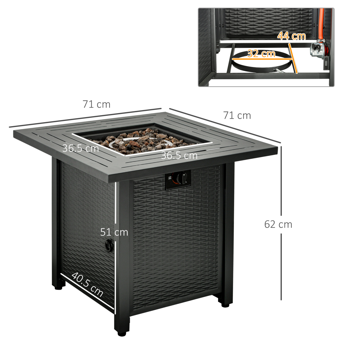 Outsunny Square Rattan Propane Gas Fire Pit Table with Lava Rocks & Lid – 40,000 BTU Patio Heater