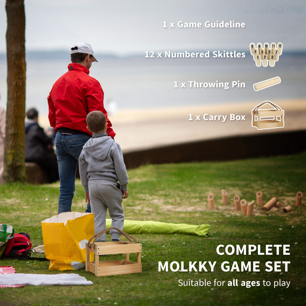 SPORTNOW Molkky Game with 12 Numbered Skittles & Carry Crate – Pinewood Outdoor Throwing Game