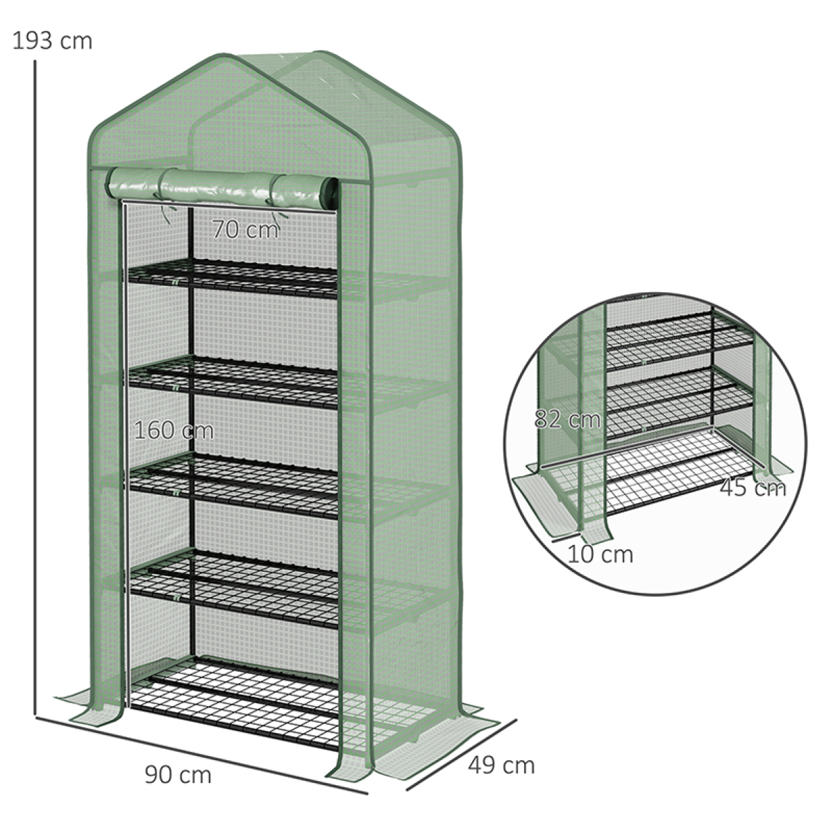 Outsunny 5-Tier Widened Mini Greenhouse with Roll-Up Zipped Door & UV-Resistant Cover – 90 x 49 x 193cm, Green