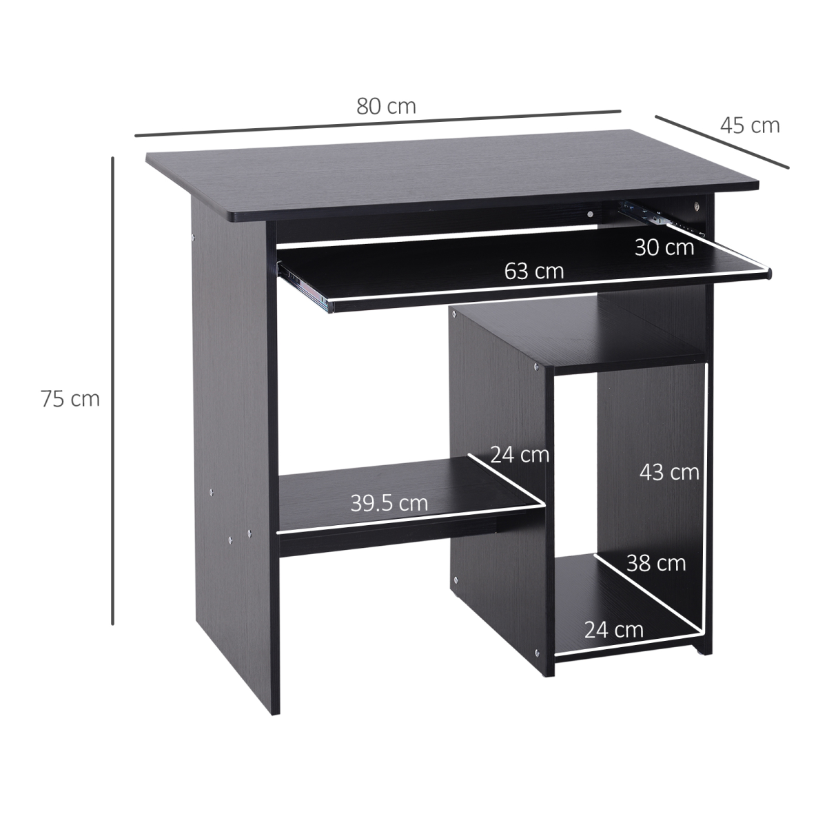 HOMCOM Compact Computer Desk with Slide-Out Keyboard Tray and Two Storage Shelves – Black
