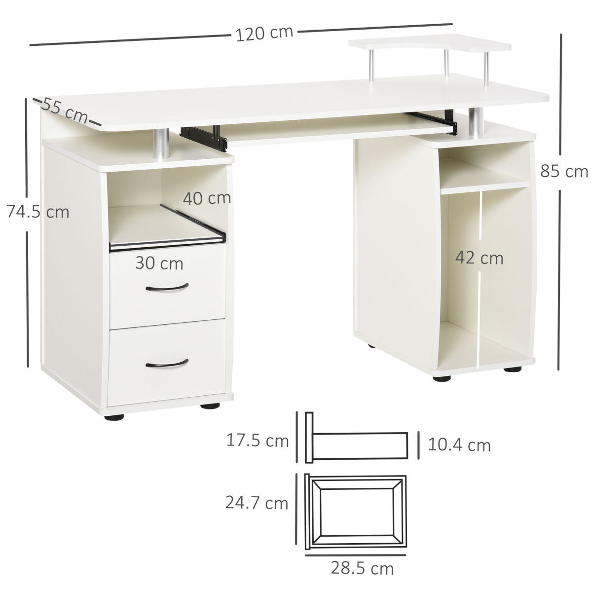 HOMCOM Computer Workstation with Keyboard Tray, Side Drawer, Monitor & Scanner Shelf – White Home Office Desk