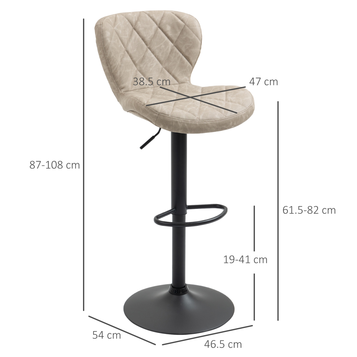 HOMCOM Set of 2 Swivel Bar Stools with Backrest and Footrest – Adjustable Height, Diamond Pattern PU, Khaki