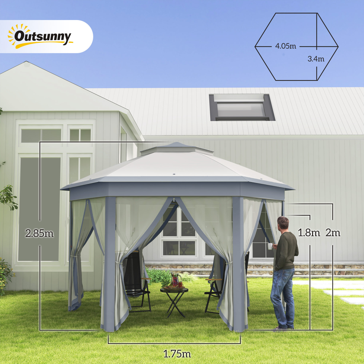 Outsunny 4 x 4m Hexagon Pop-Up Gazebo with Double Roof & Mesh Netting – Grey