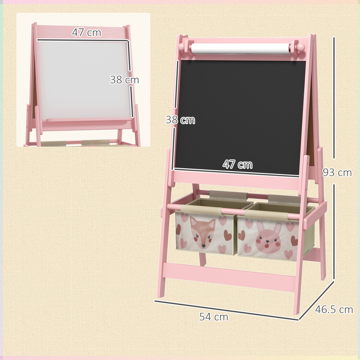 AIYAPLAY Kids Easel with Paper Roll, Blackboard, Whiteboard and Storage Baskets – 3-in-1 Art Easel, Pink