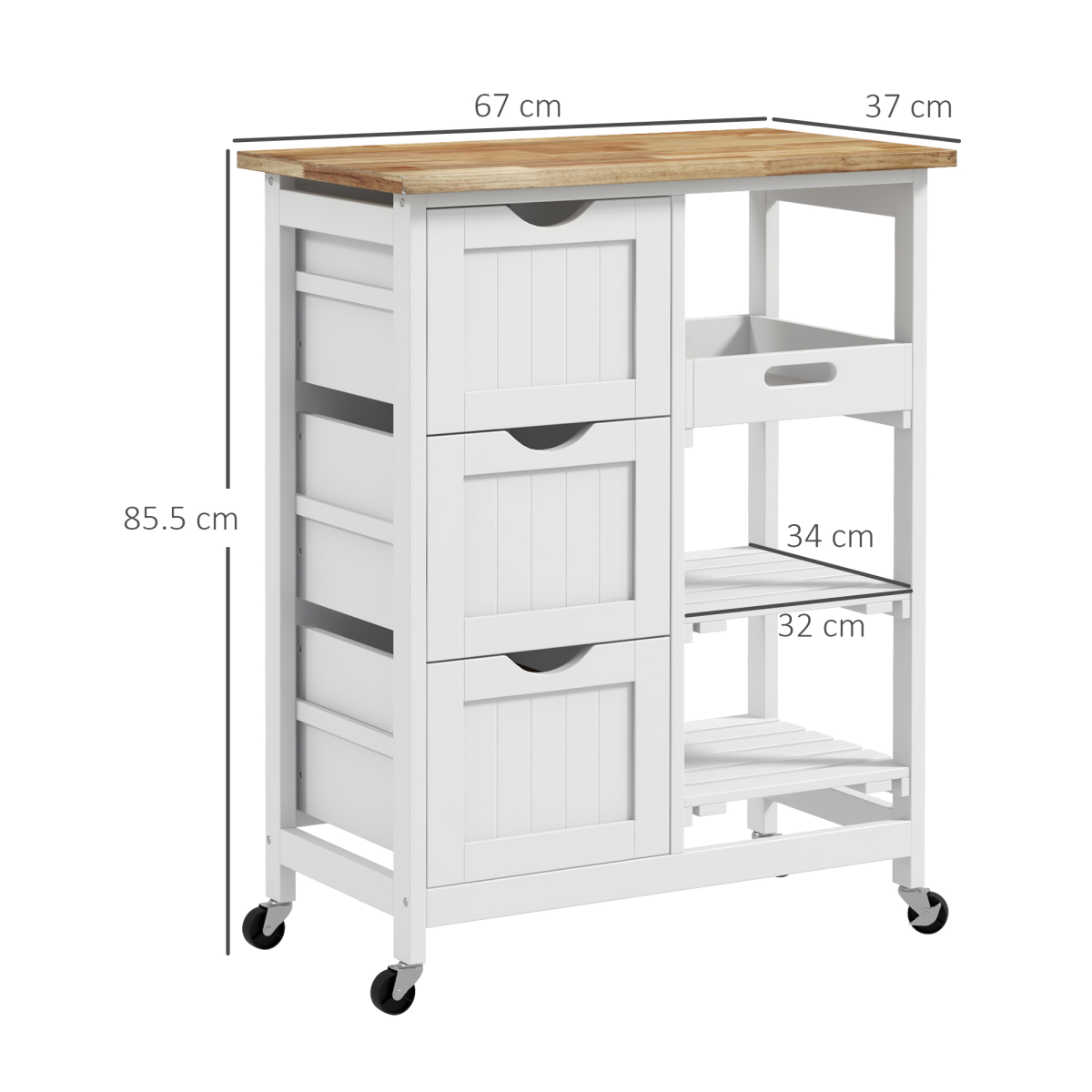 HOMCOM Rolling Kitchen Island & Bar Serving Cart with 3 Drawers & 2 Shelves – Wooden Worktop, White