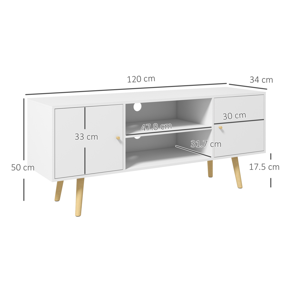 Minimalist TV Stand with Cable Management & Solid Wooden Legs – Scandi Living Room Storage, White