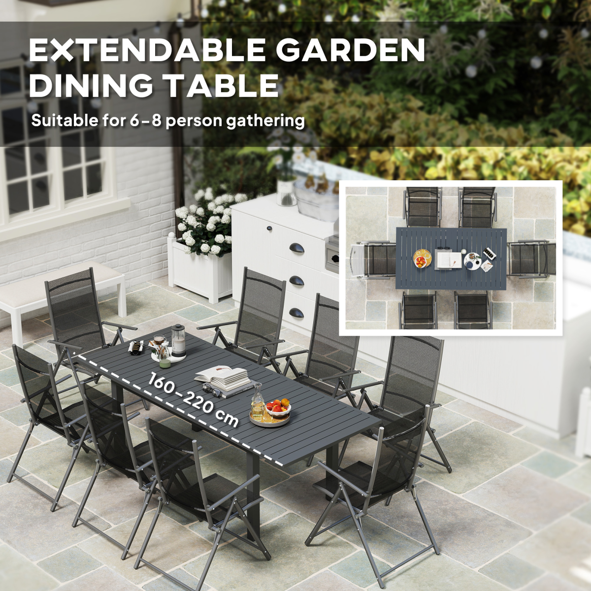 Outsunny Extending Garden Table with Slatted Top, 160/220 x 90 x 73 cm – Seats 6-8, Aluminium, Grey