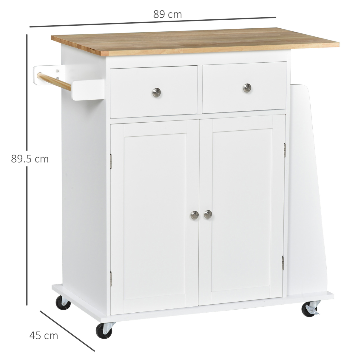 HOMCOM Kitchen Island with Rubberwood Top, 2 Drawers, Cupboard and 3-Tier Spice Rack – Storage on Wheels