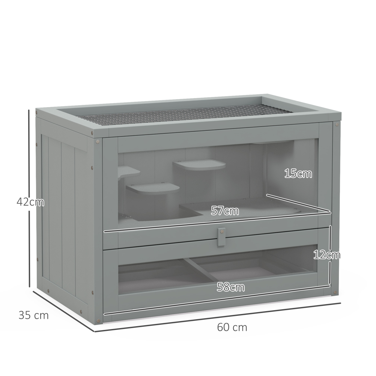 PawHut 2-Level Wooden Hamster Cage with Platforms, Ramp & Openable Mesh Roof – Small Animal Hutch, Grey