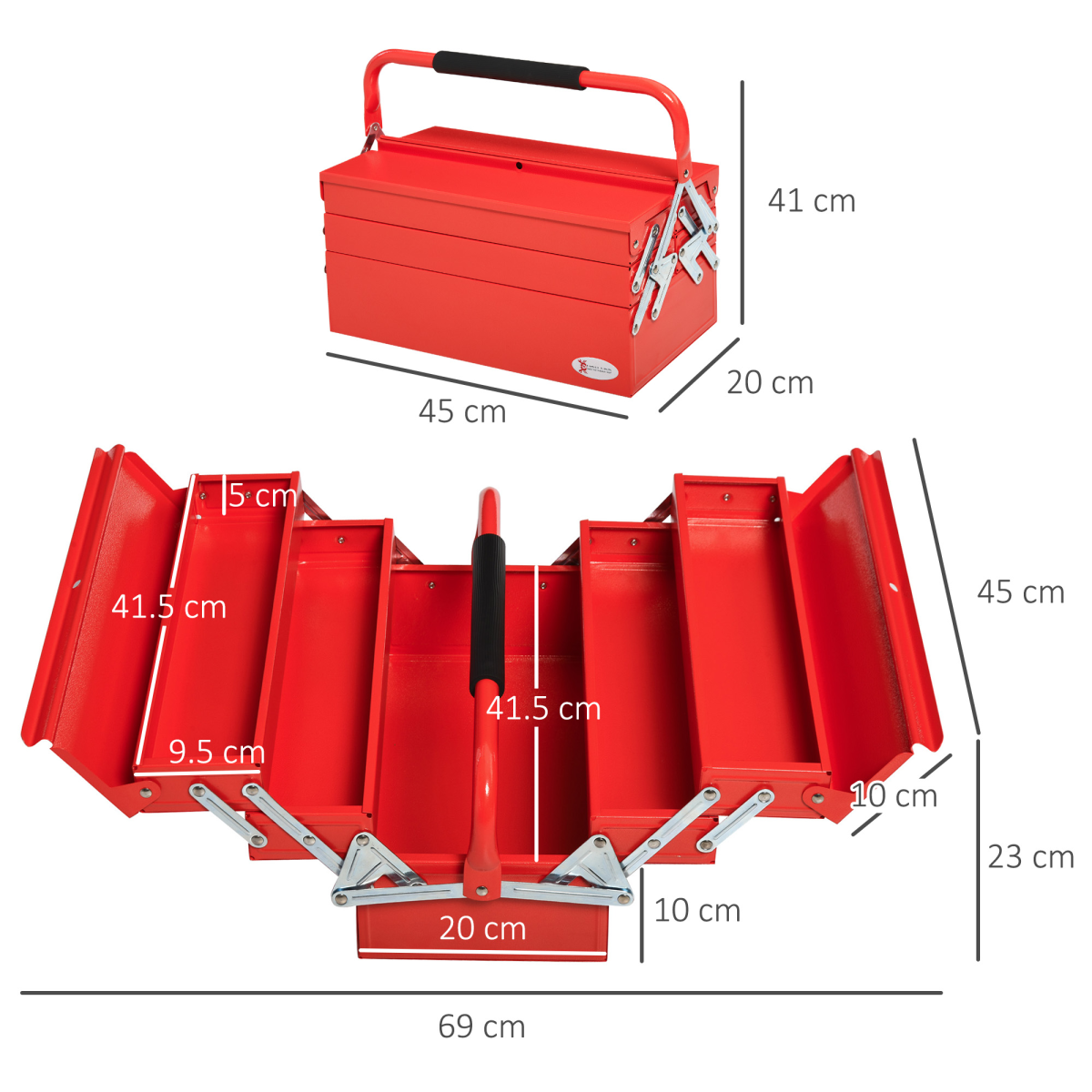 DURHAND 3-Tier Metal Tool Box with 5 Collapsible Trays – Professional Steel Toolbox for DIY, Red