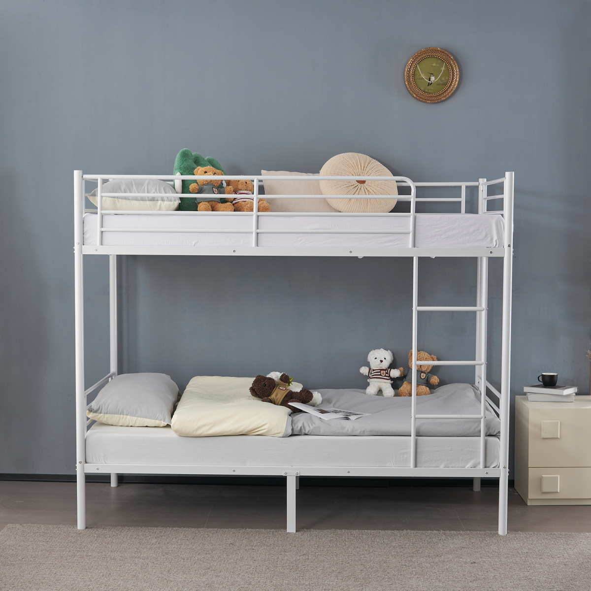 Twin Over Twin Metal Bunk Bed with Ladder, Full-Length Guard Rail & Under-Bed Storage – White