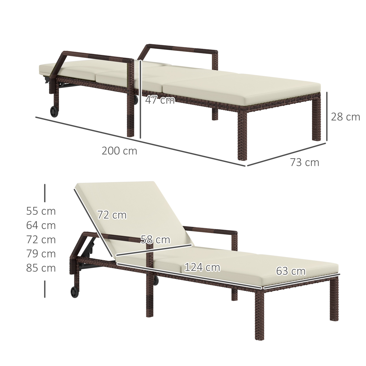 Outsunny Rattan Wicker Chaise Sun Lounger with Wheels & 5-Level Backrest – Longline Cushion, Cream White