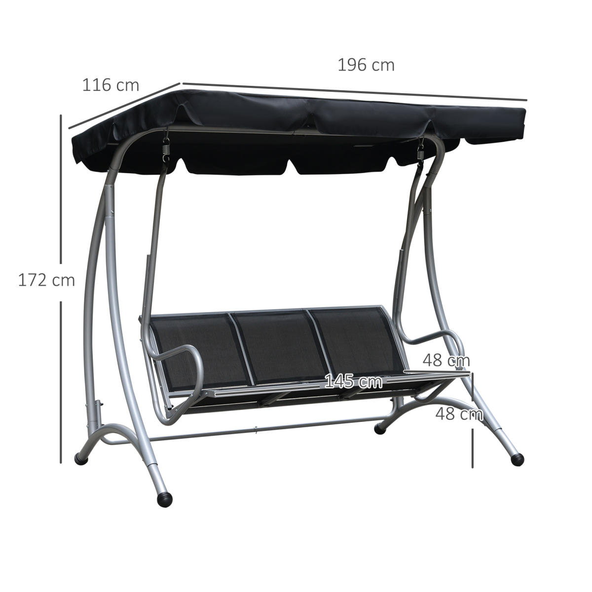 Outsunny 3 Person Steel Garden Swing Chair with Adjustable Canopy – Freestanding Patio Seat, Black
