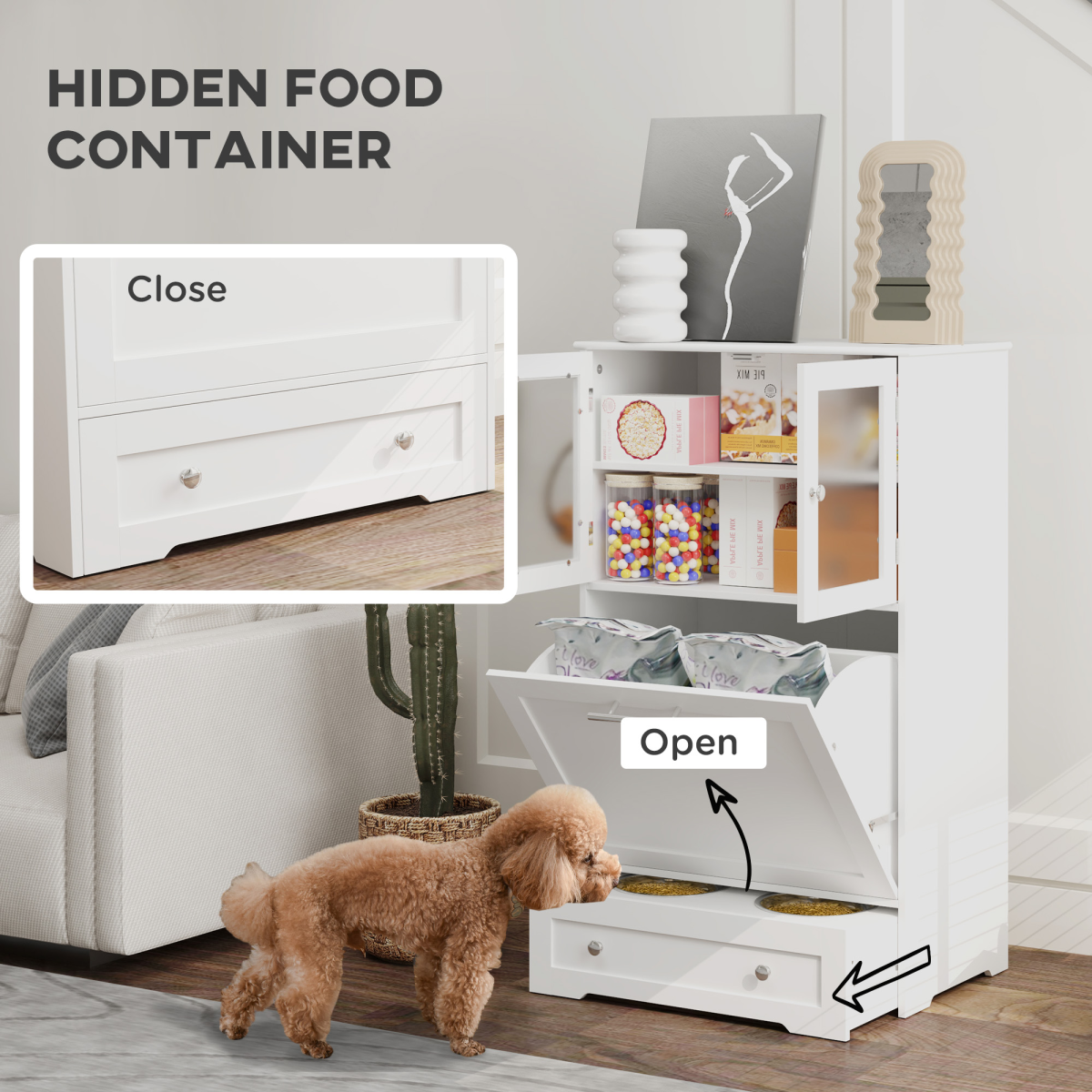 PawHut Dog Feeding Station with 2 Storage Cabinets, 2 Elevated Stainless Steel Bowls & Anti-Tip Kit, White