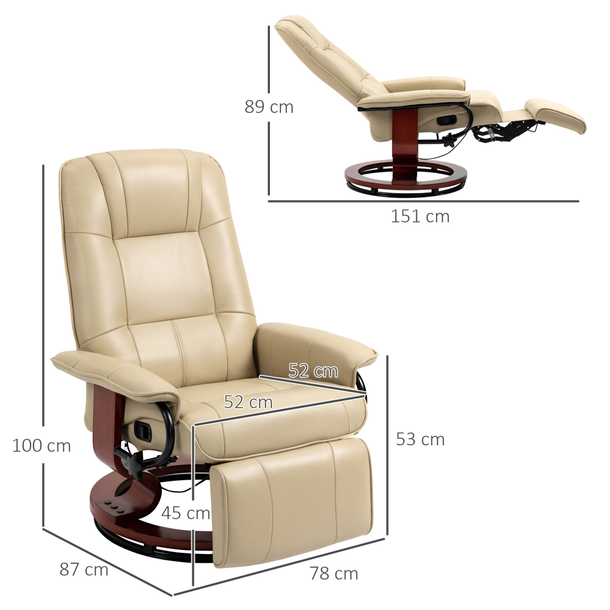 HOMCOM Ergonomic Office Recliner Sofa Chair with 145° Reclining Back & Footrest – PU Leather Armchair, Cream White