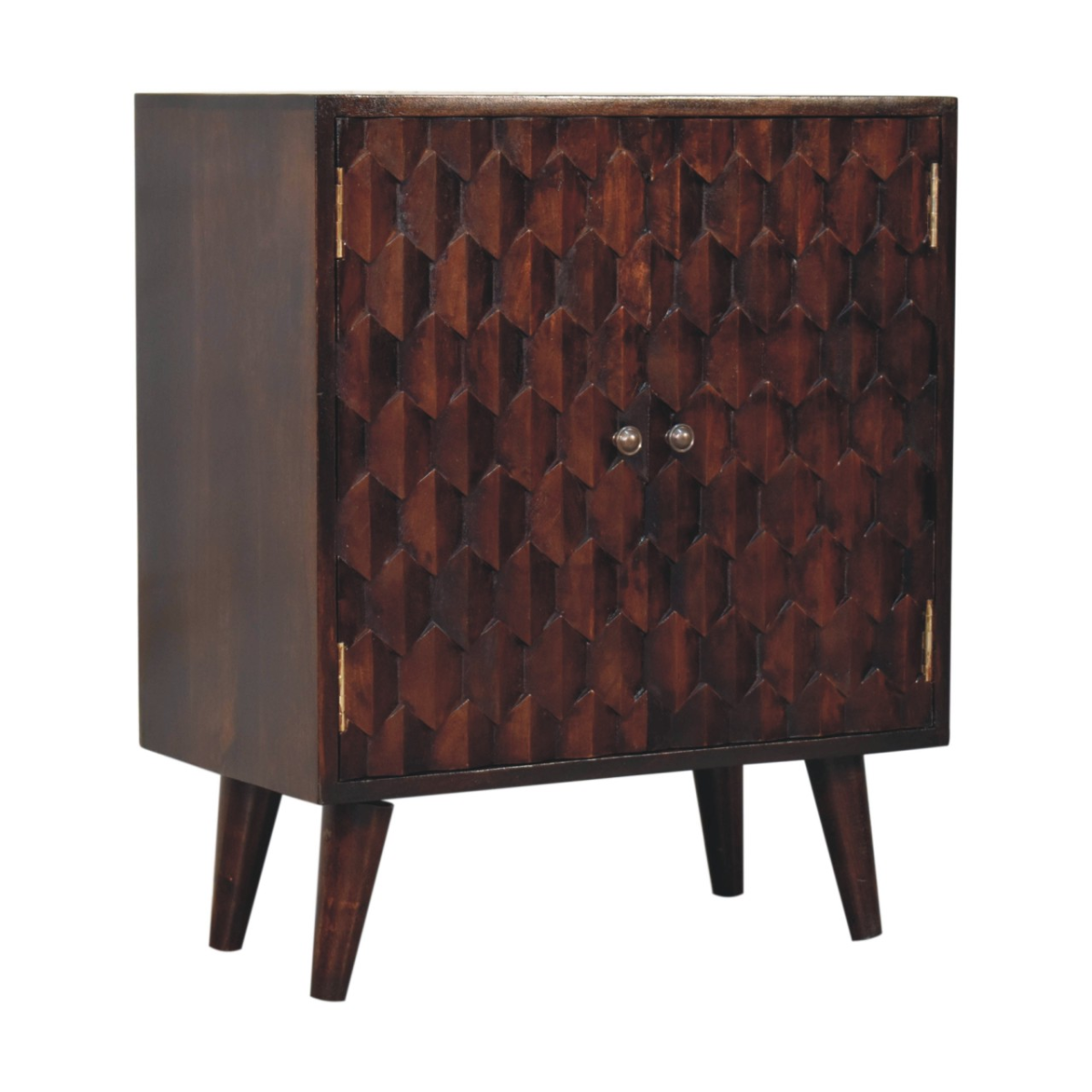 Artisan Furniture Mini Pineapple Carved Walnut Cabinet – Solid Mango Wood, 2 Doors, Nordic Feet, Brown
