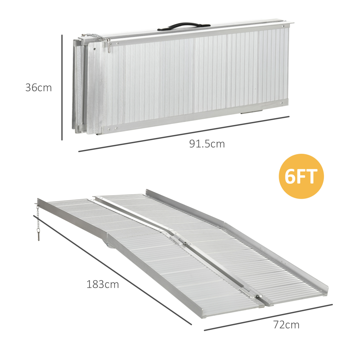 HOMCOM Folding Aluminium Wheelchair Ramp 183 x 72cm with Guardrails & Carry Handle – 270kg Mobility Scooter Ramp