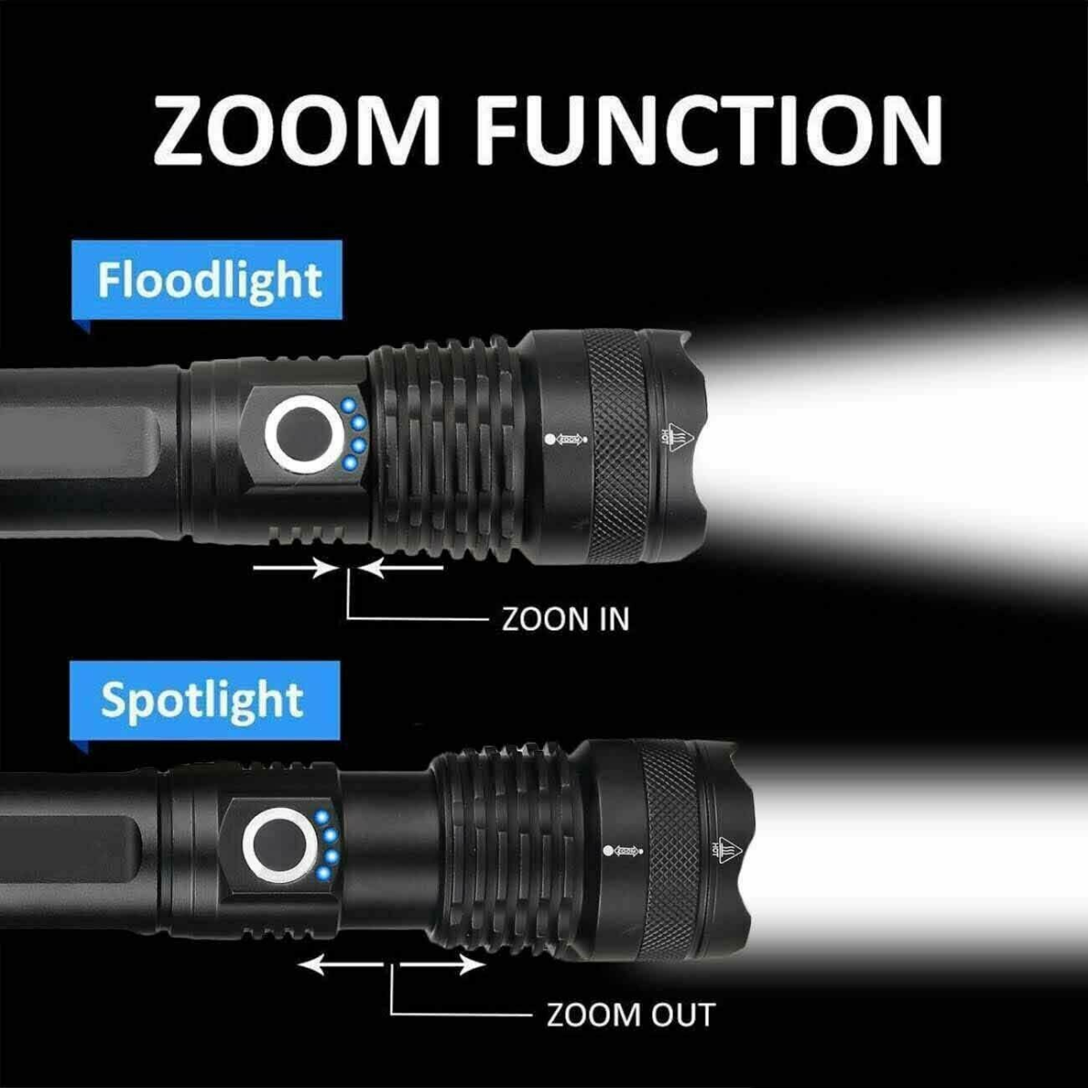 USB Rechargeable LED Flashlight with 5 Lighting Modes and Zoom – Camping and Hiking Torch, Black