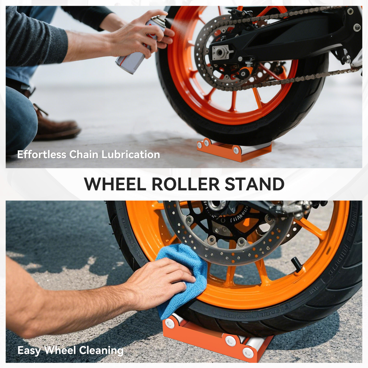 HOMCOM Motorcycle Wheel Roller Stand, 220kg Capacity – Tyre Cleaning & Chain Lubrication, Orange