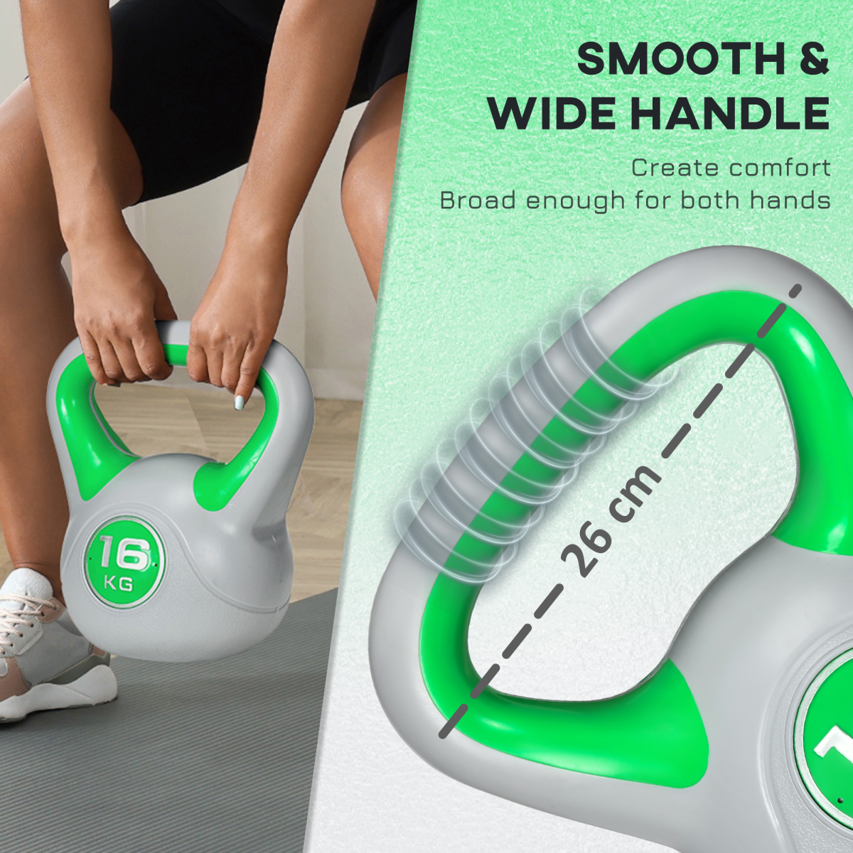 SPORTNOW 16kg Kettlebell with Wide Handle and Plastic Coating – Home Gym Strength Training Weight, Green and Grey