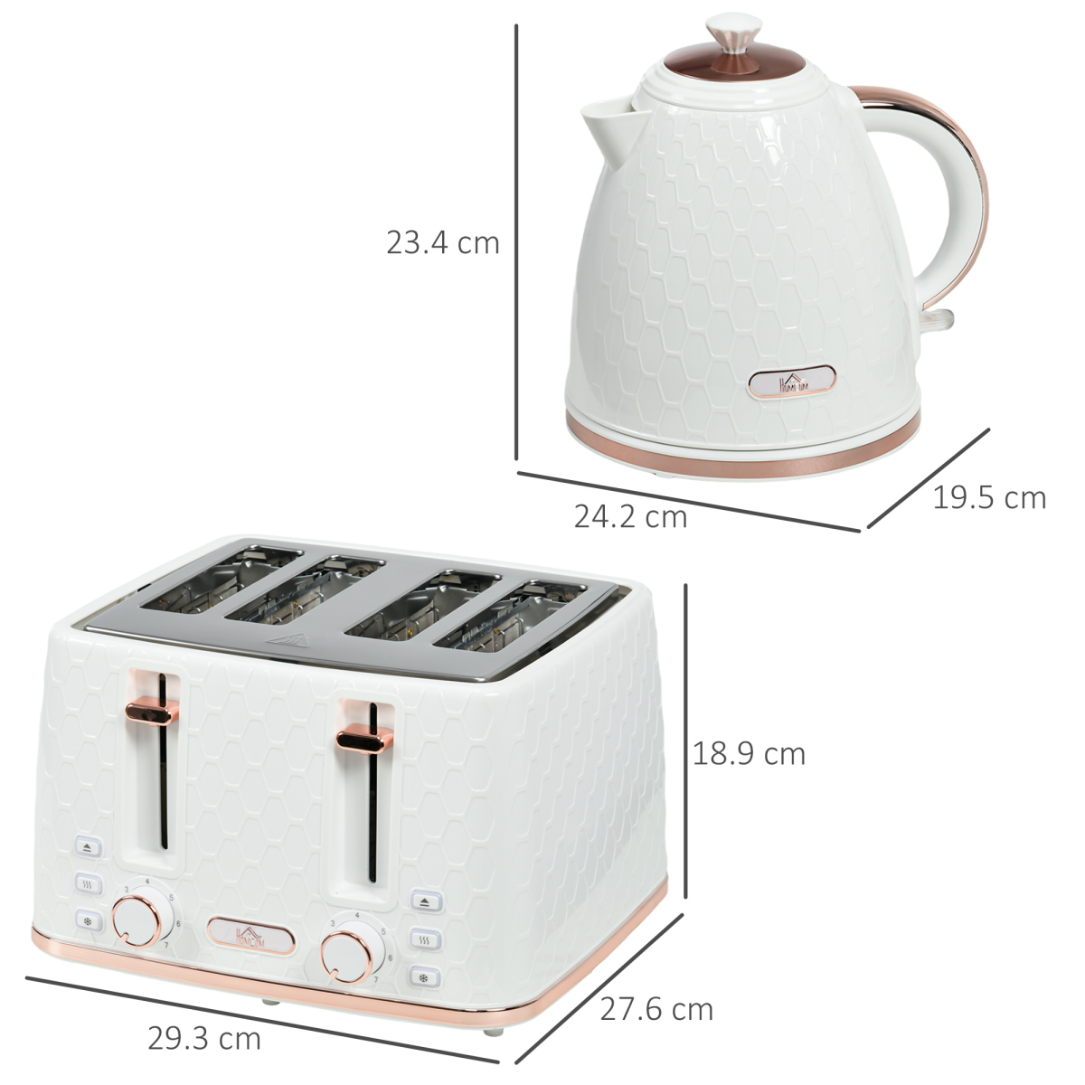 HOMCOM 1.7L Kettle & 4-Slice Toaster Set with Defrost & Reheat – Honeycomb Breakfast Set, White