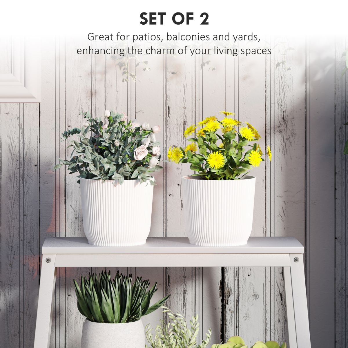 Outsunny Set of 2 Round Plant Pots Outdoor 22cm for Garden, White