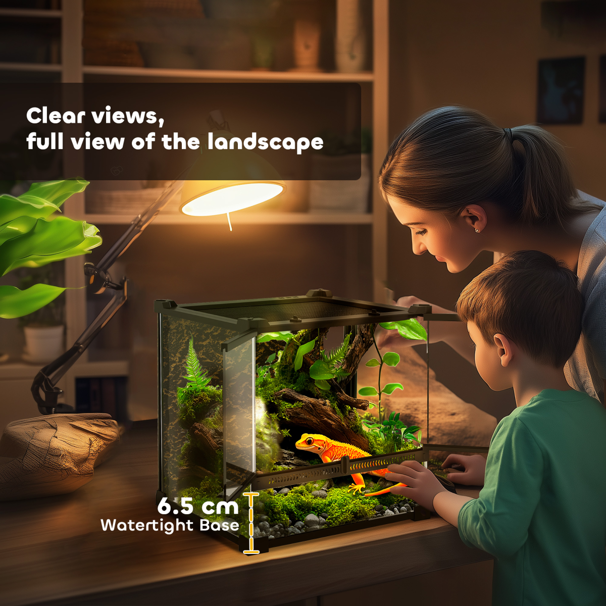 Glass Reptile Terrarium with Rock Background, Lockable Door & Ventilated Lid – 24L Waterproof Base for Wet Setups, Black