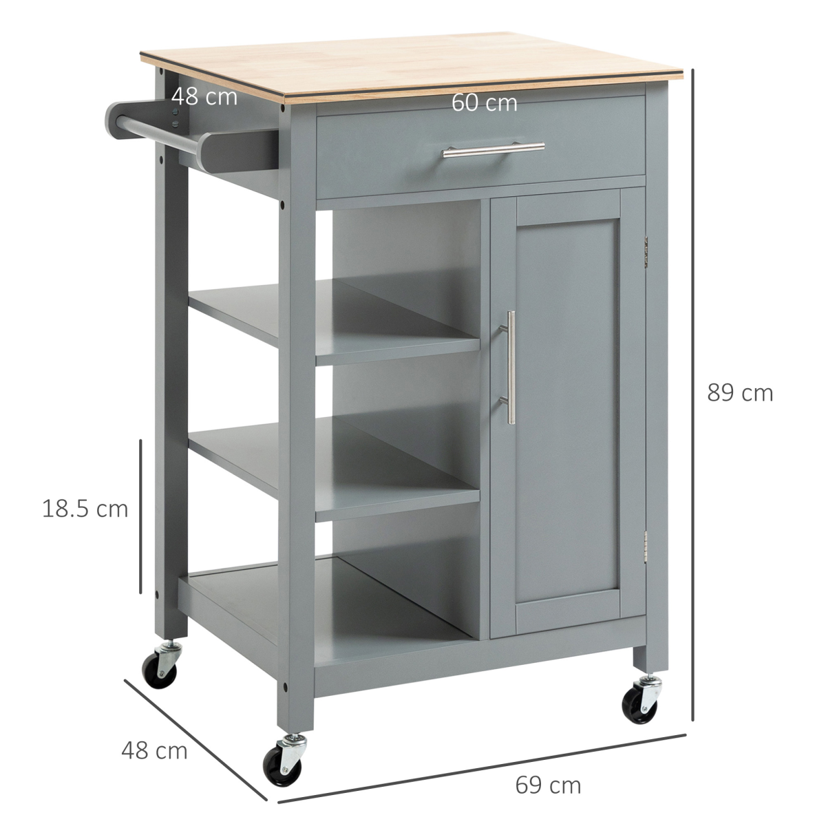 HOMCOM Kitchen Trolley with Open Shelf, Storage Drawer & Lockable Wheels – Utility Cart on Wheels, Grey