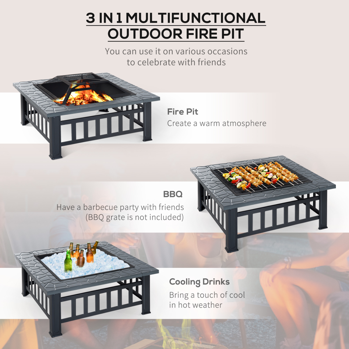 Outsunny Square Fire Pit with Faux Stone Tabletop and Waterproof Mesh Cover – Black/Grey