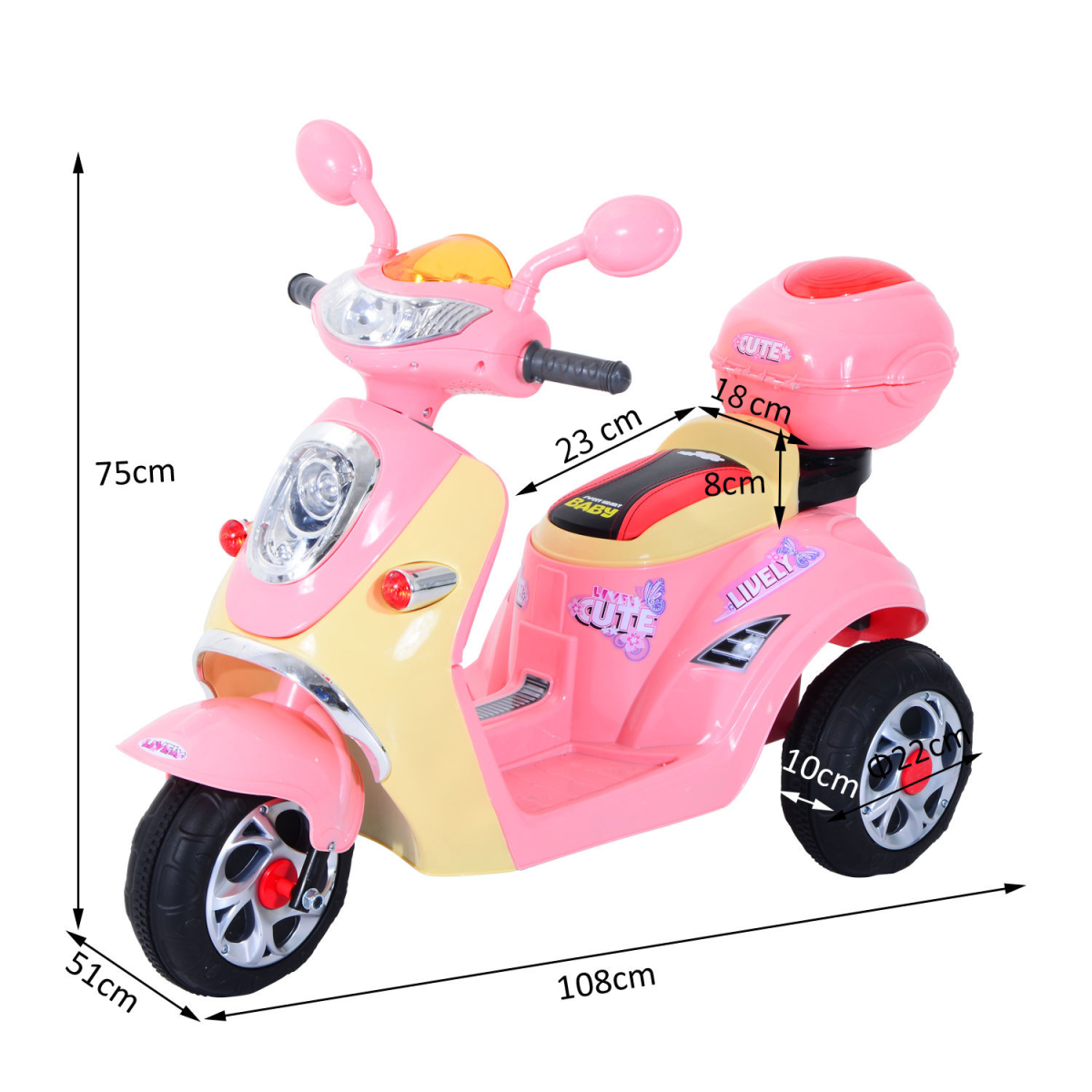 HOMCOM Electric Kids Ride-On Motorbike with Music, Headlight and Storage Box – 3-Wheel Trike, Pink