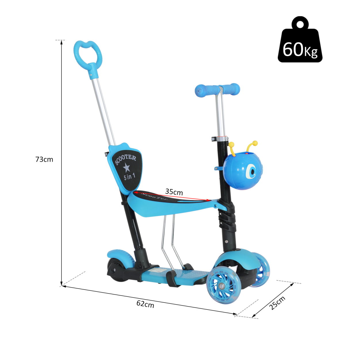 HOMCOM 5-in-1 Kids Kick Scooter with 3 Wheels, Removable Seat and Lean-to-Steer – Ages 1-8 Toddler Walker