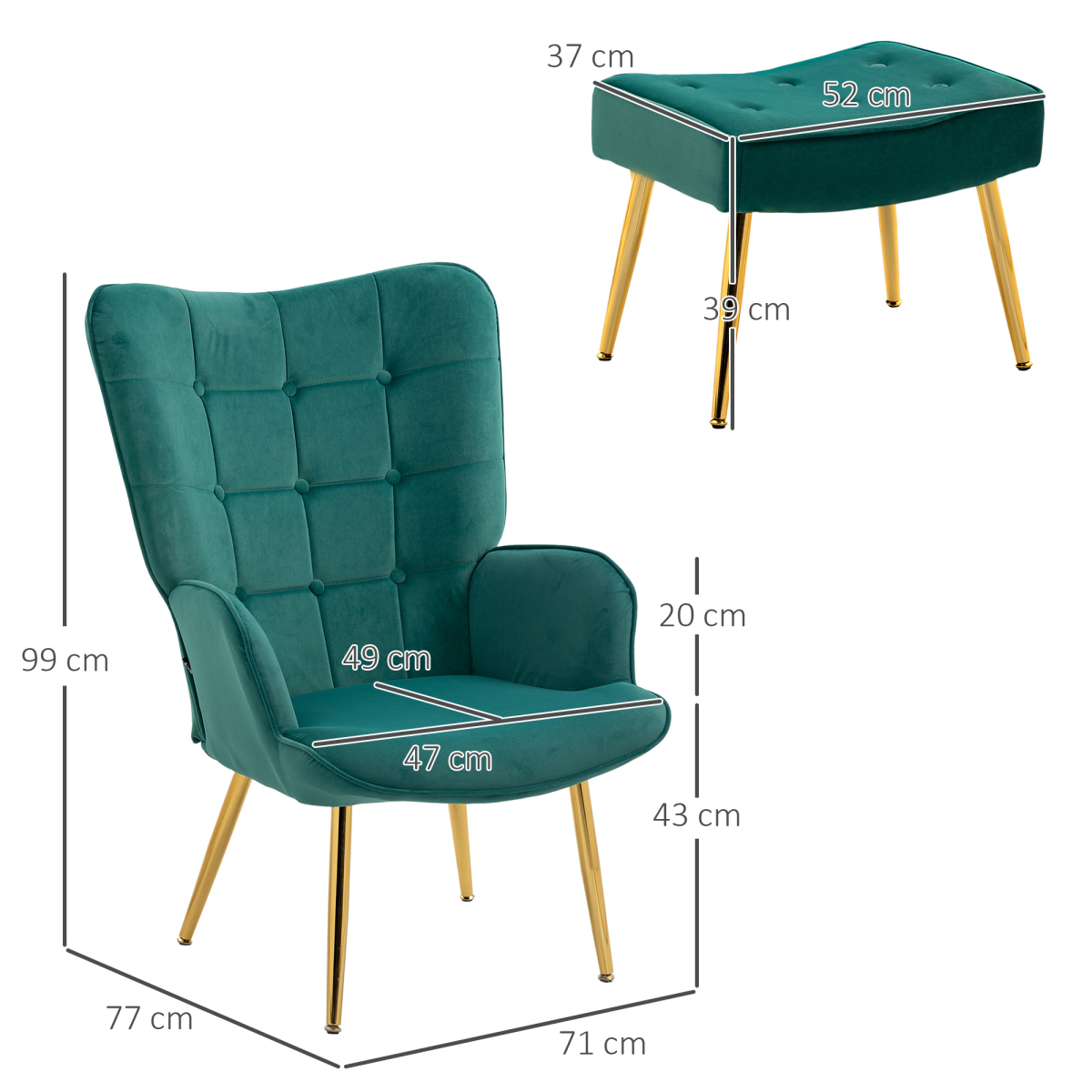 HOMCOM Button-Tufted Armchair & Footstool Set with Gold-Tone Steel Legs – Dark Green
