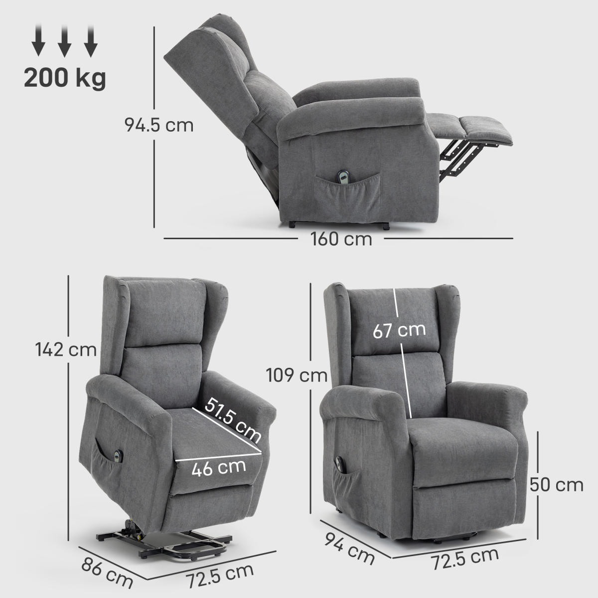 HOMCOM Power Lift Chair with Remote, 135° Reclining Backrest & Footrest – Fabric Recliner Armchair, Charcoal Grey