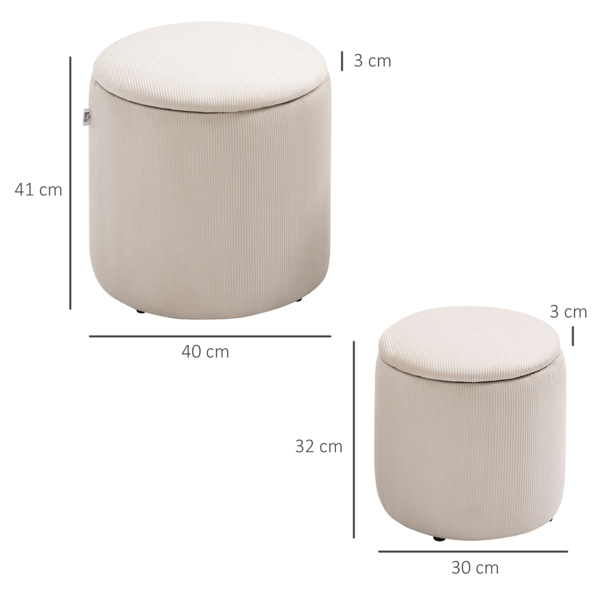 HOMCOM Set of 2 Fabric Storage Ottomans with Removable Lids – Hidden Storage and Extra Seating, Cream White