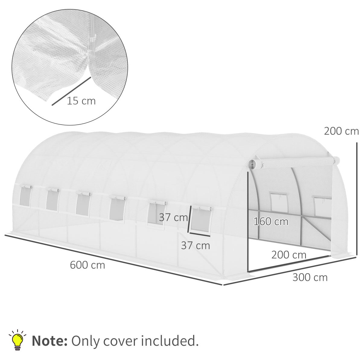 Outsunny 6 x 3 x 2m Replacement Cover for Tunnel Greenhouse – Zipped Roll-Up Door and 12 Windows, White