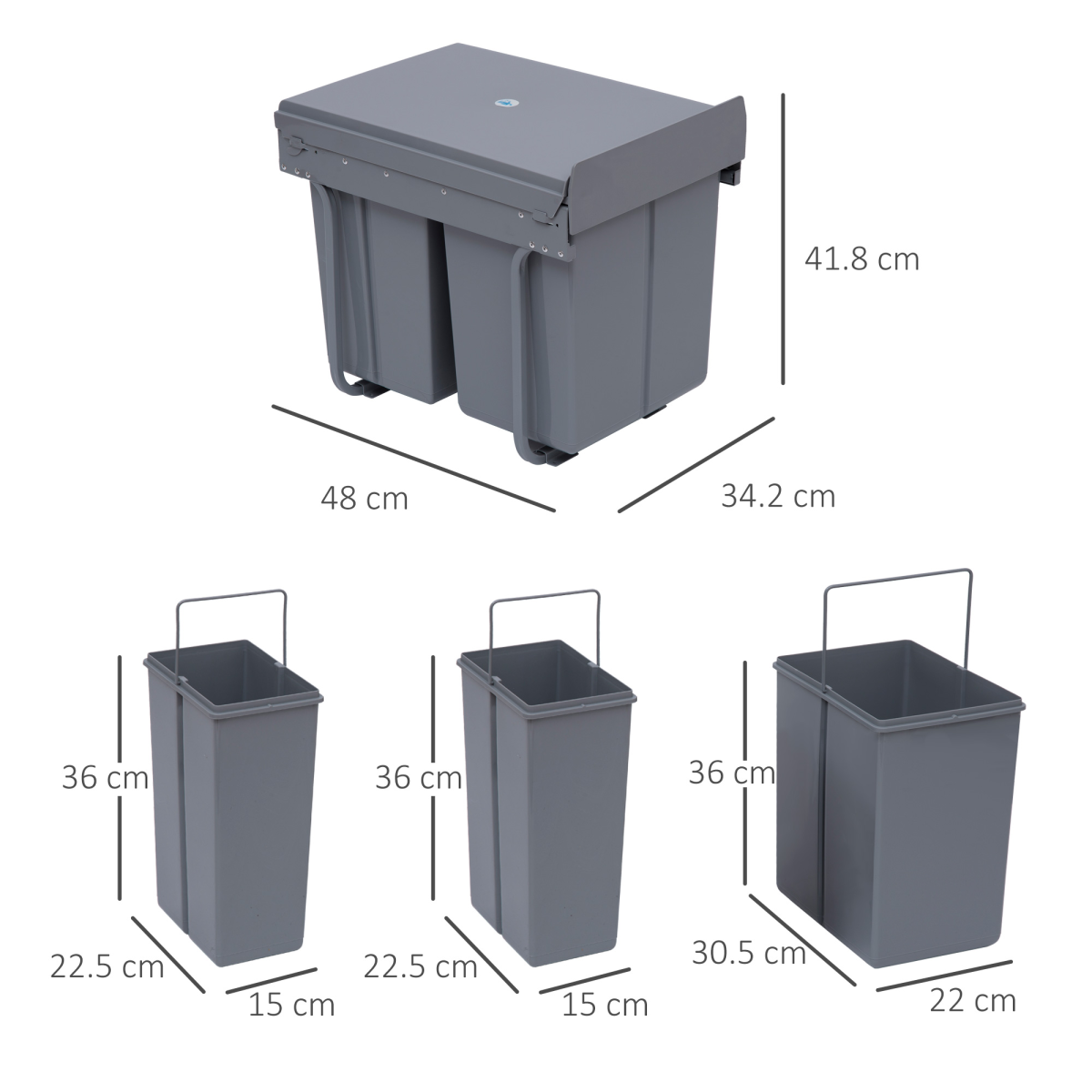HOMCOM 40L Pull-Out Recycling Bin for Kitchen Cupboards with Separate Inner Bins – Grey