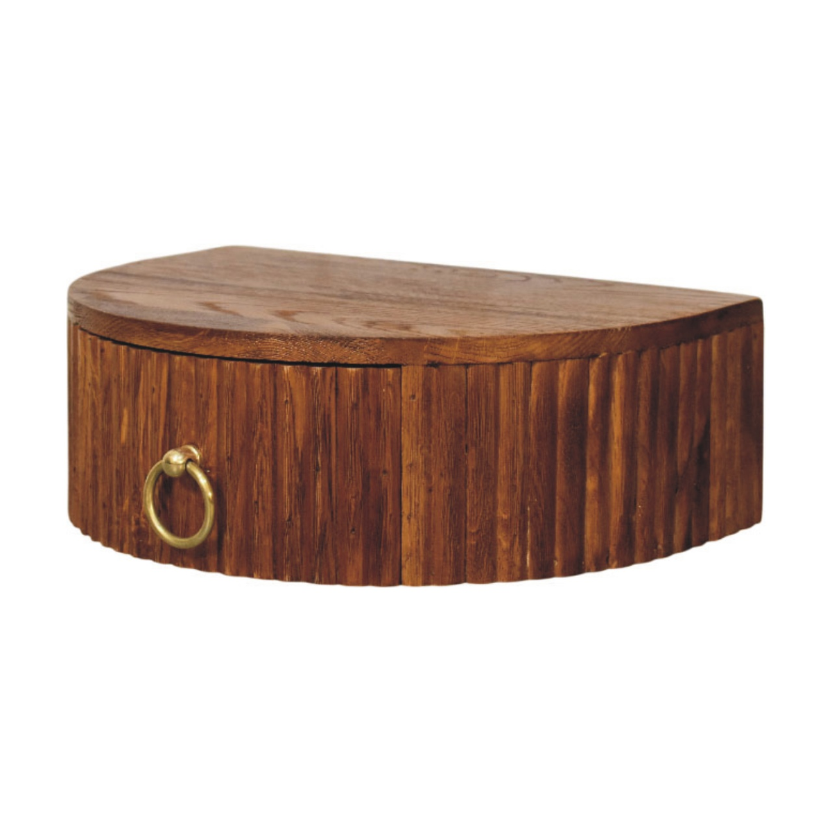 Artisan Furniture Ring Pull Wall Mounted Nightstand, 1 Drawer & Ribbed Half-Moon Form – Tiger Oak, Brown