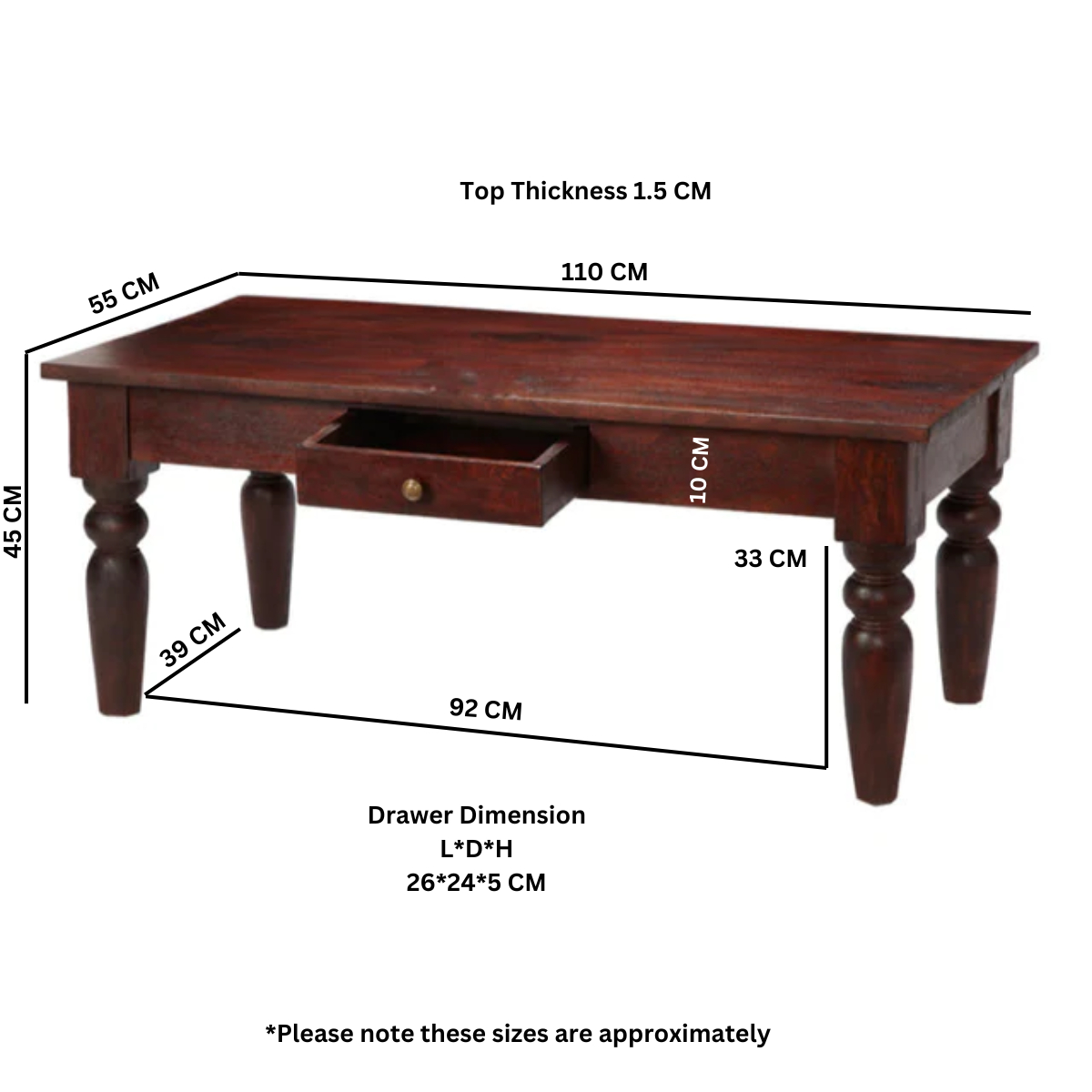 Jaipur Handmade Dark Mango Wood Coffee Table with Storage Drawer and Brass Handle