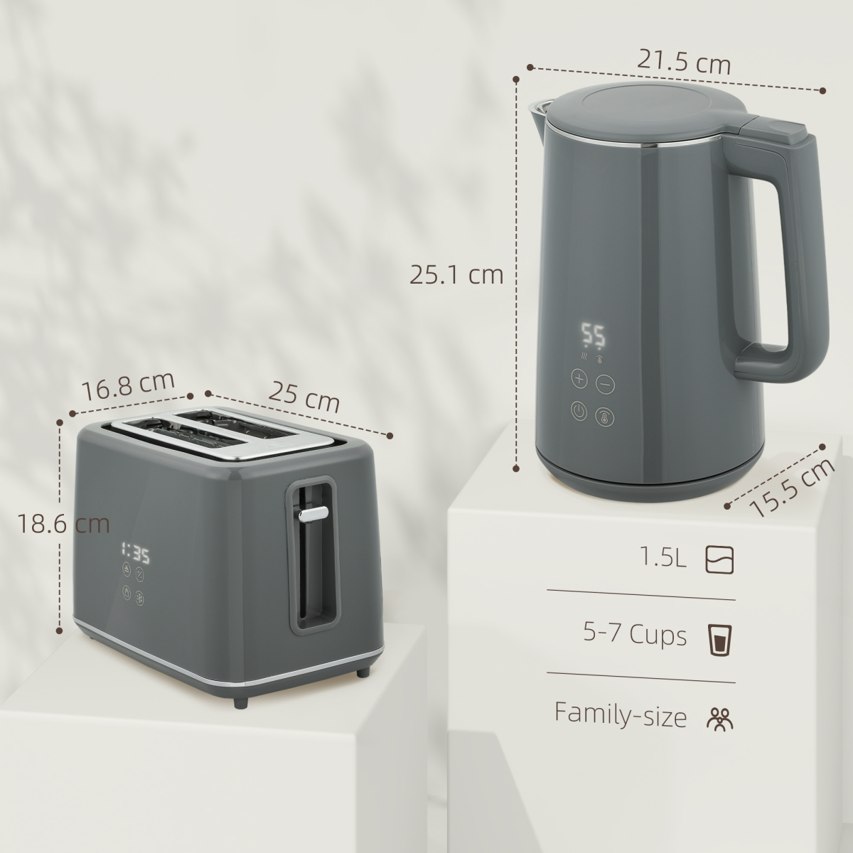 Stainless Steel Kettle and Toaster Set with 3000W Kettle & Browning Control – Matching Kitchen Duo, Grey