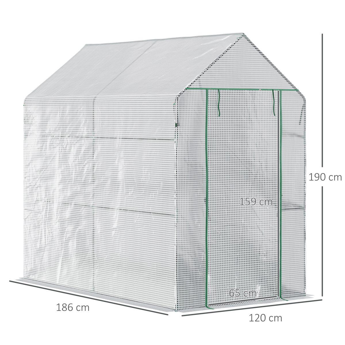 Outsunny Walk-In Garden Greenhouse with 4 Wire Shelves, Roll-Up Door & PE Cover – 186 x 120 x 190cm, White