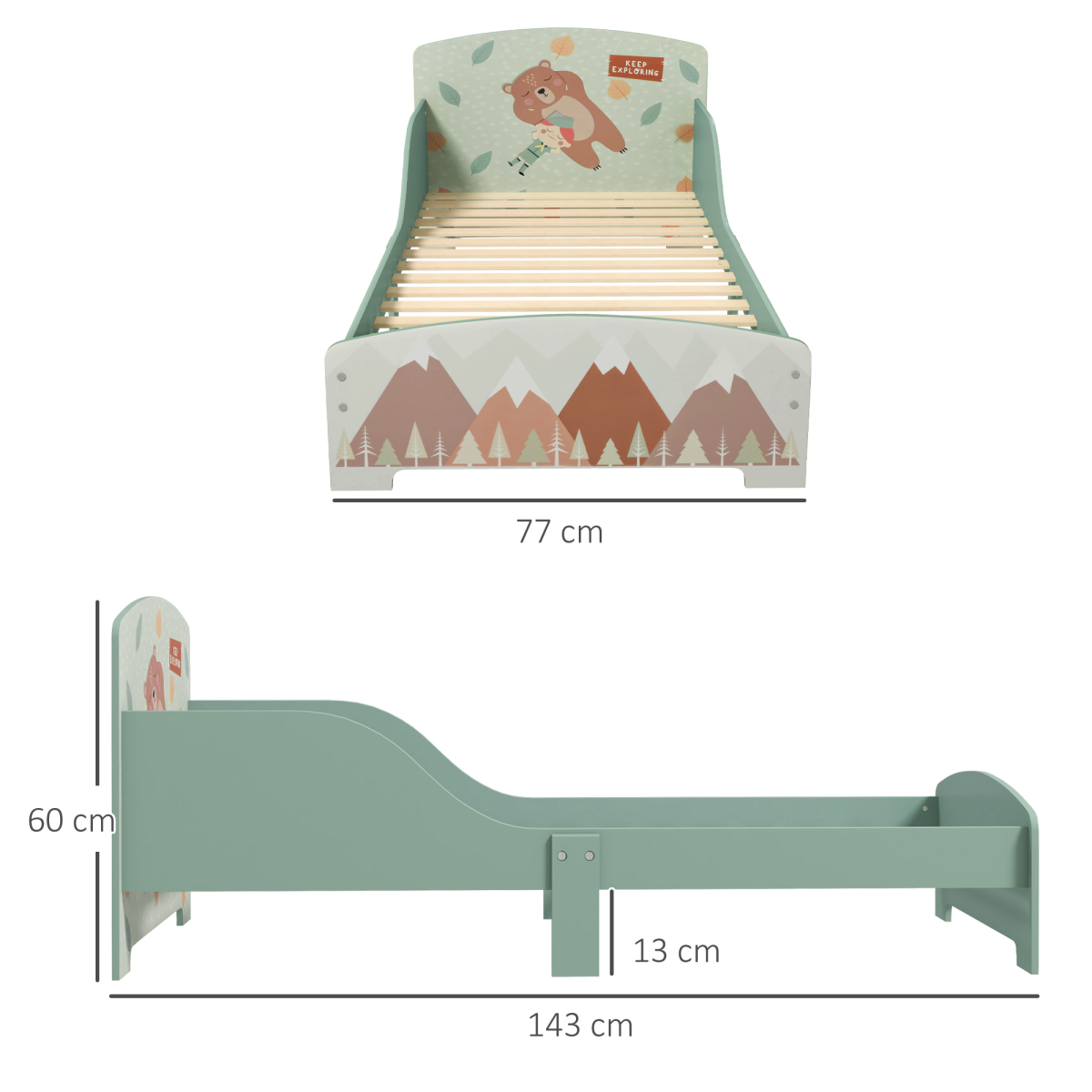 ZONEKIZ Animal Design Toddler Bed Frame with Raised Side Panels – Green, Ages 3-6