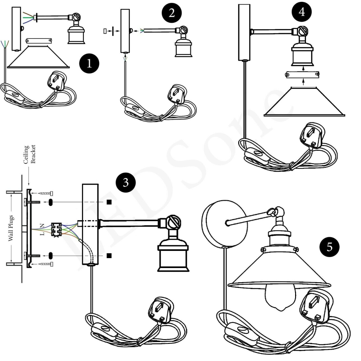 LEDSone Vintage Plug-In Wall Light with 180cm Cord, E27 Holder & Free Bulb – Industrial Sconce, Black
