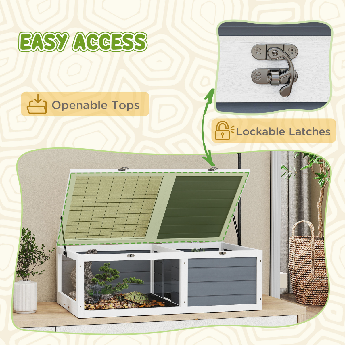 Wooden Tortoise House with Run, Adjustable Lamp Holder, Hide Box & Double Trays – Grey & White