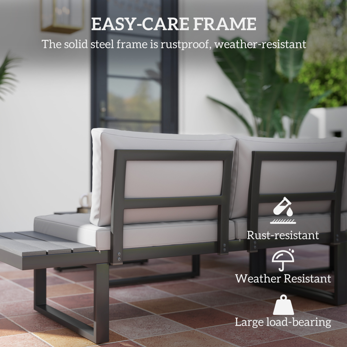 Close-up of the easy-care powder-coated steel frame on the Outsunny corner sofa set